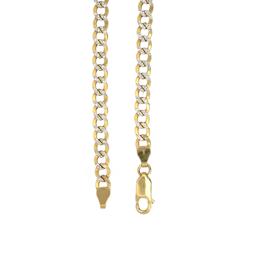 Elegant two-tone gold Cuban chain laid flat on white background