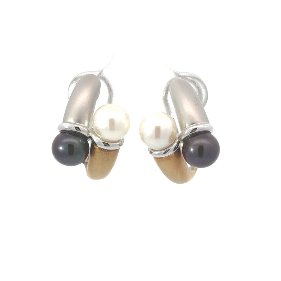 14k gold two-tone earrings with black and white pearls