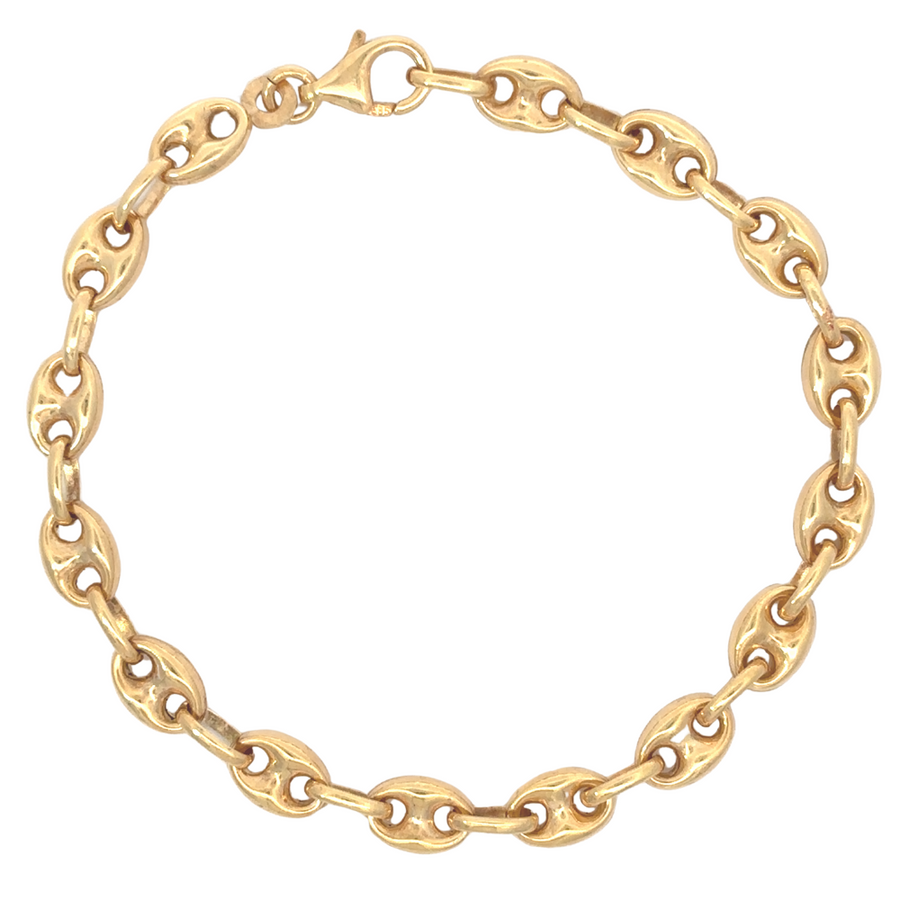 Close-up view of 14k gold unisex bracelet, showcasing its sleek and polished design