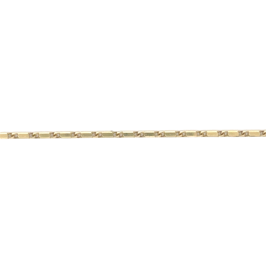 Elegant 14k gold necklace worn on a model's neck, offering a comfortable fit