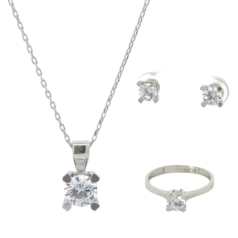 14k Gold WG Jewelry Set featuring a matching ring, adjustable necklace, and earrings