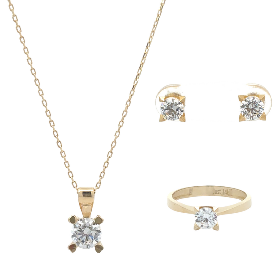 14k gold jewelry set for women with necklace, earrings, and ring on a white background