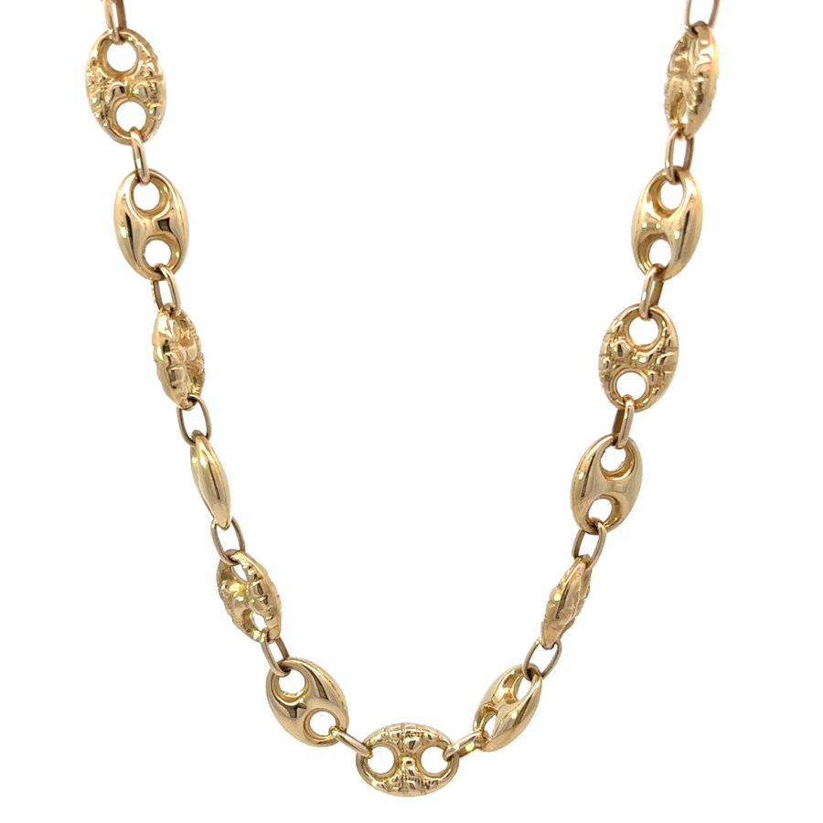 Close-up of 14k gold women's necklace, highlighting its 18.25-inch length and refined design