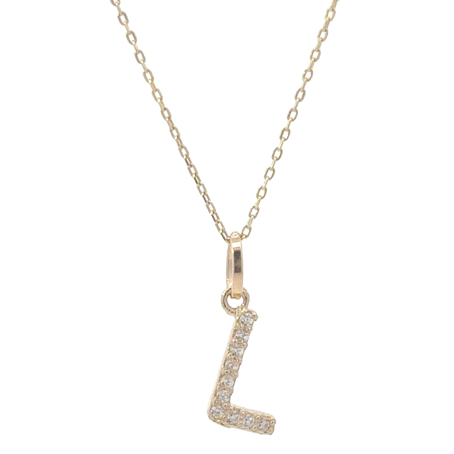 14k gold necklace with adjustable chain and cubic zirconia-encrusted letter "L" pendan