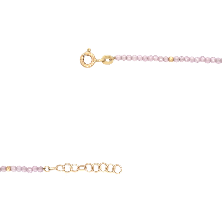14k gold necklace with rose corundum stone, adjustable design for a tailored fit