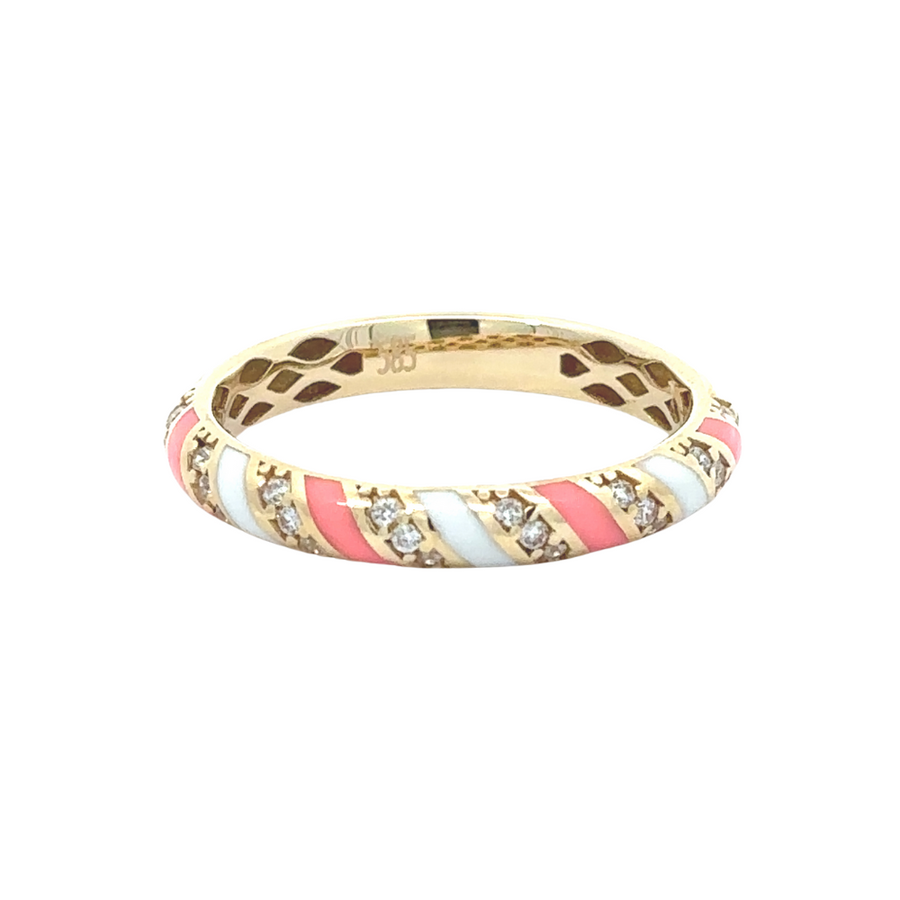 Close-up of 14k gold women’s ring with high-polish finish on white background