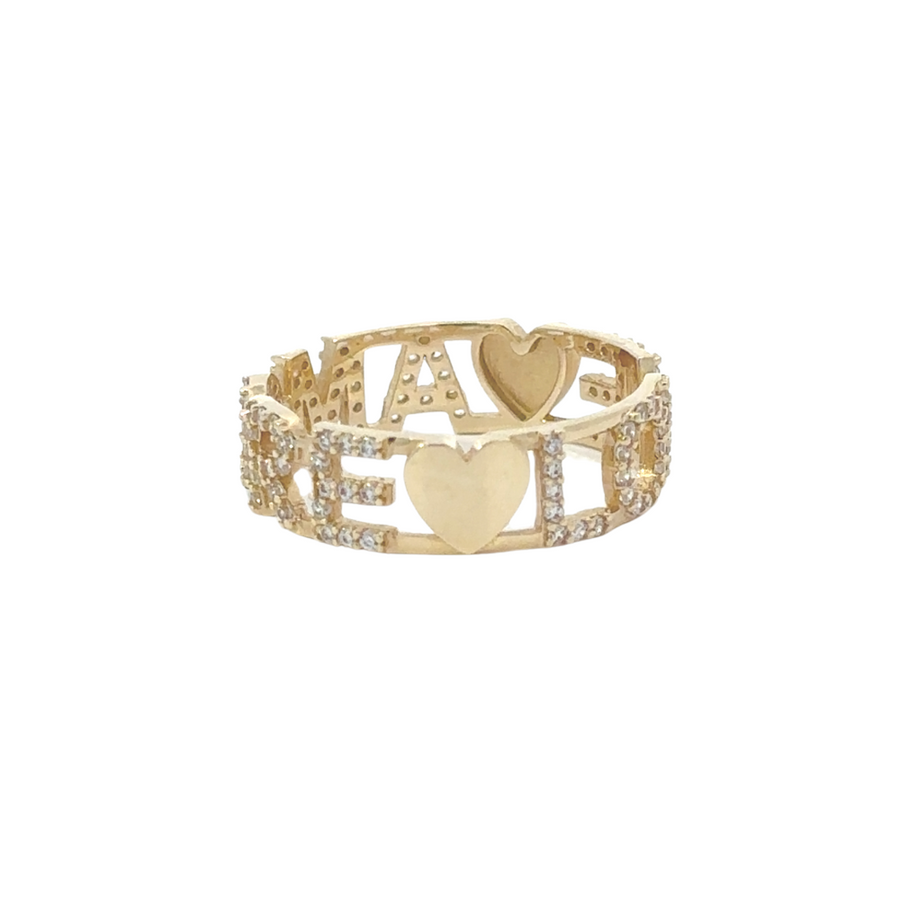 Woman’s hand wearing minimalist 14k gold ring on ring finger