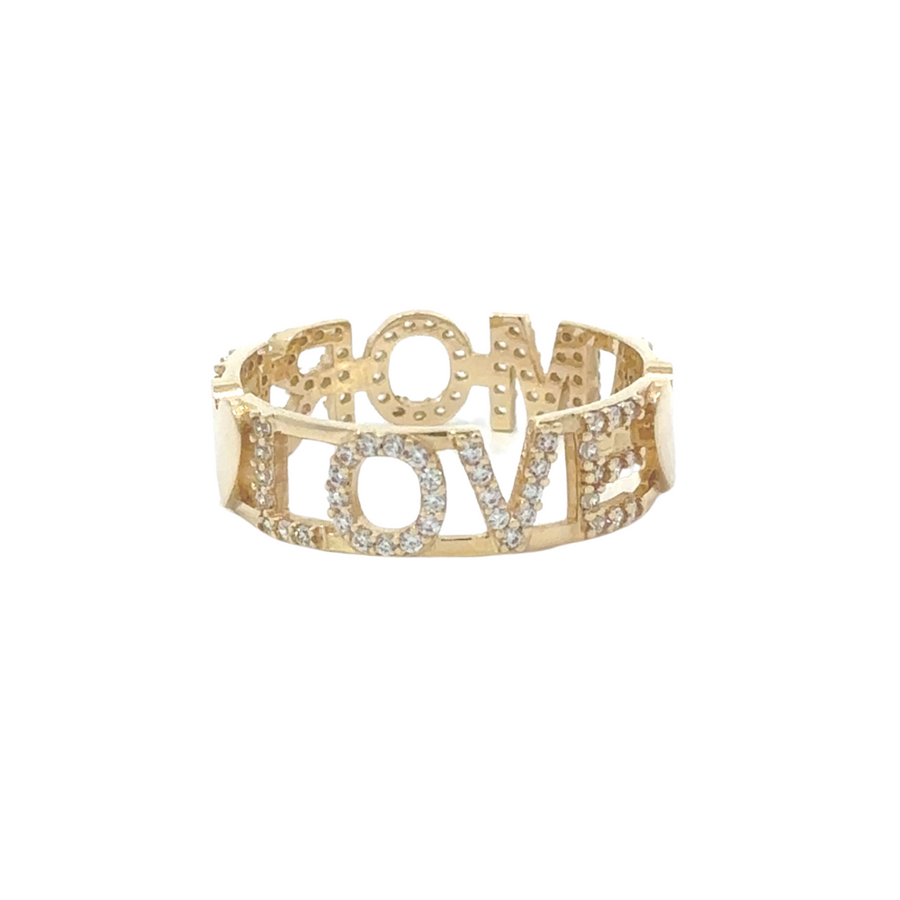 Side angle of size 8 14k gold ring reflecting natural light
