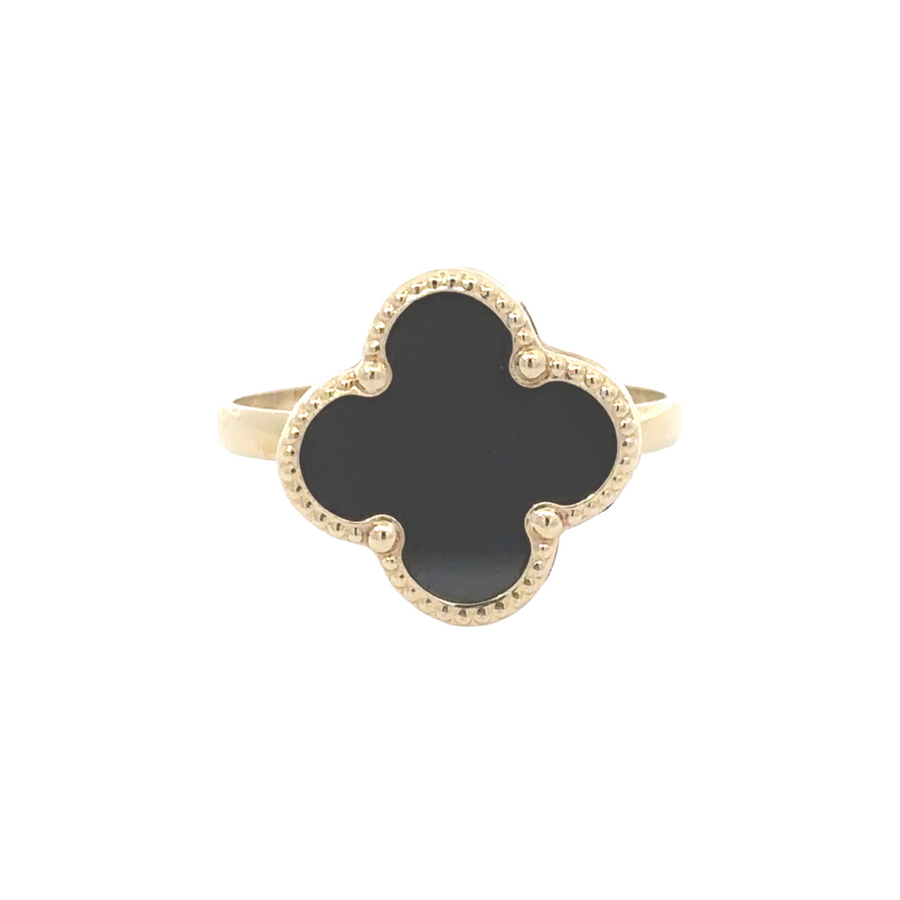 14k gold women's ring with bold black center stone, minimalist design