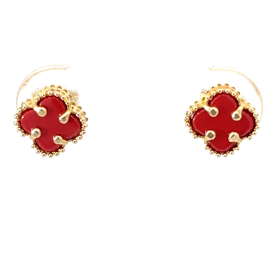 XXS 14k gold earrings with red accent on white background