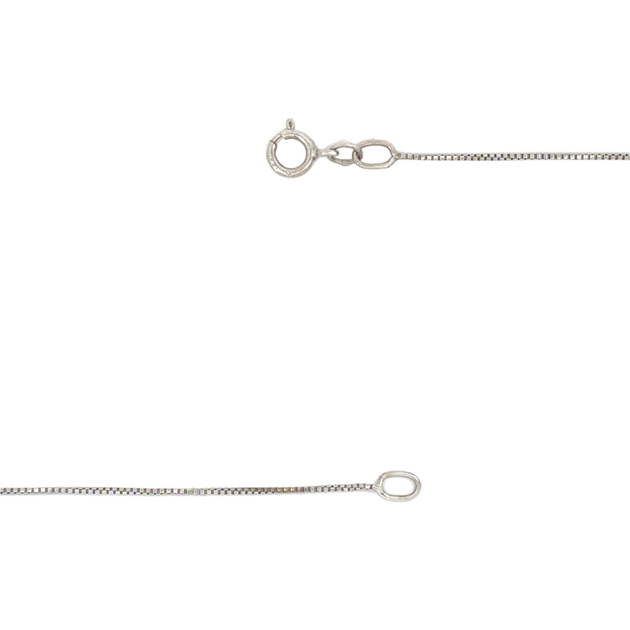 Detail view of clasp and necklace chain in 14k white gold