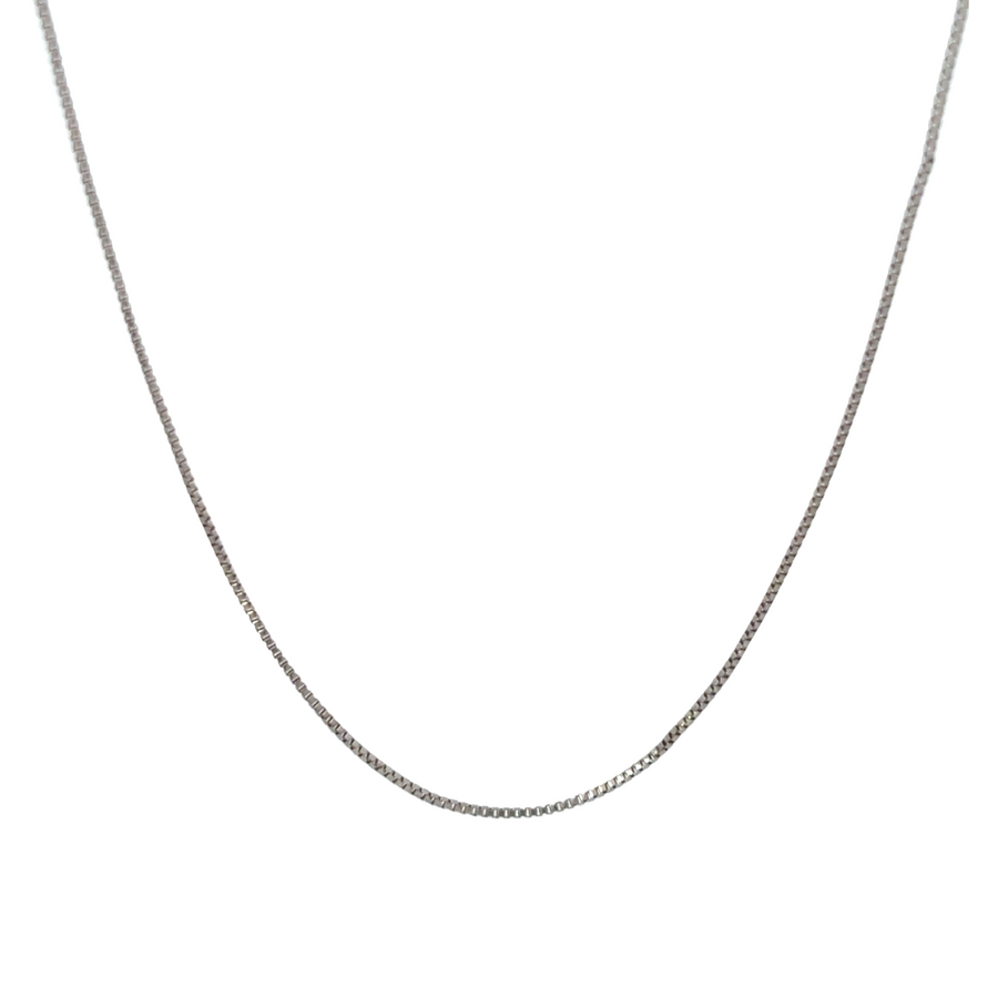 Model wearing 16.75-inch 14k white gold necklace, showcasing sleek minimalist design