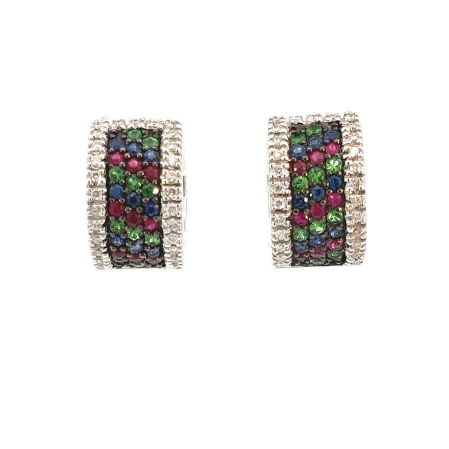 14k white gold earrings with diamonds and colorful multi-stones