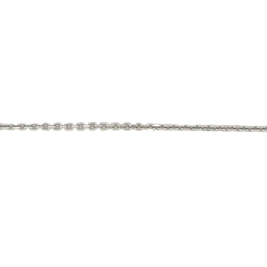 Detail shot of 14k white gold necklace showing its smooth, polished texture