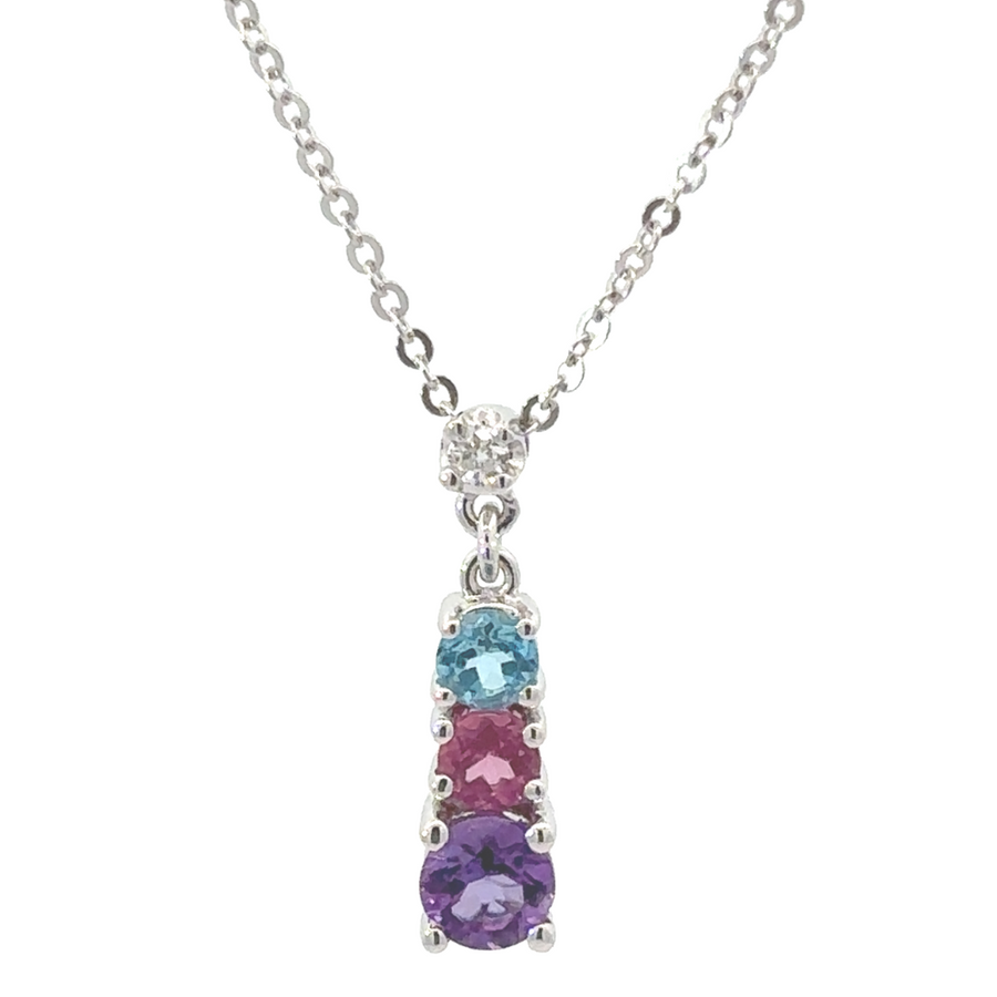 14k white gold necklace with 3 stones – front view