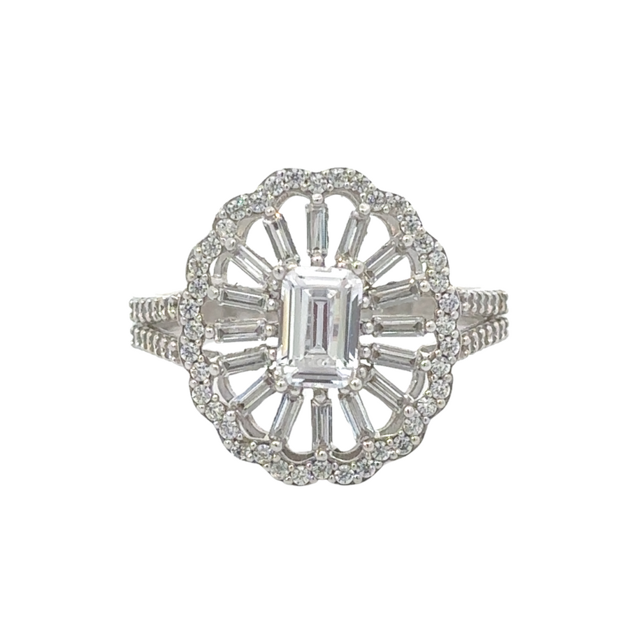 14k white gold oval ring with cubic zirconia stones