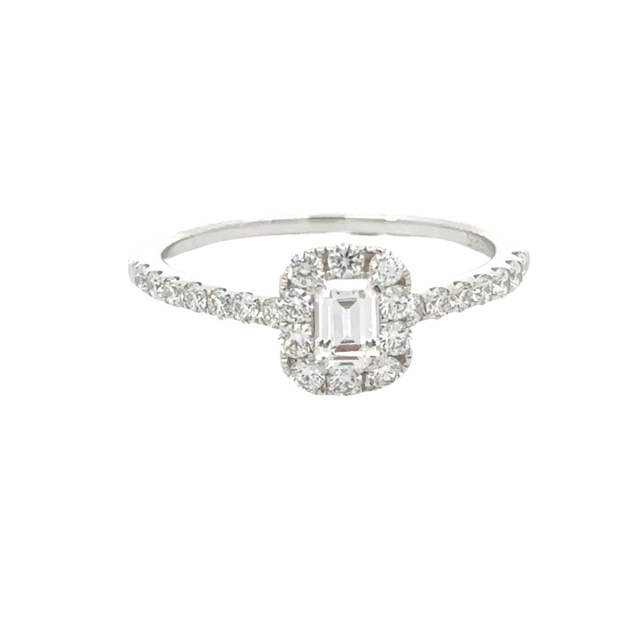Close-up of CZ and diamond ring in polished white gold