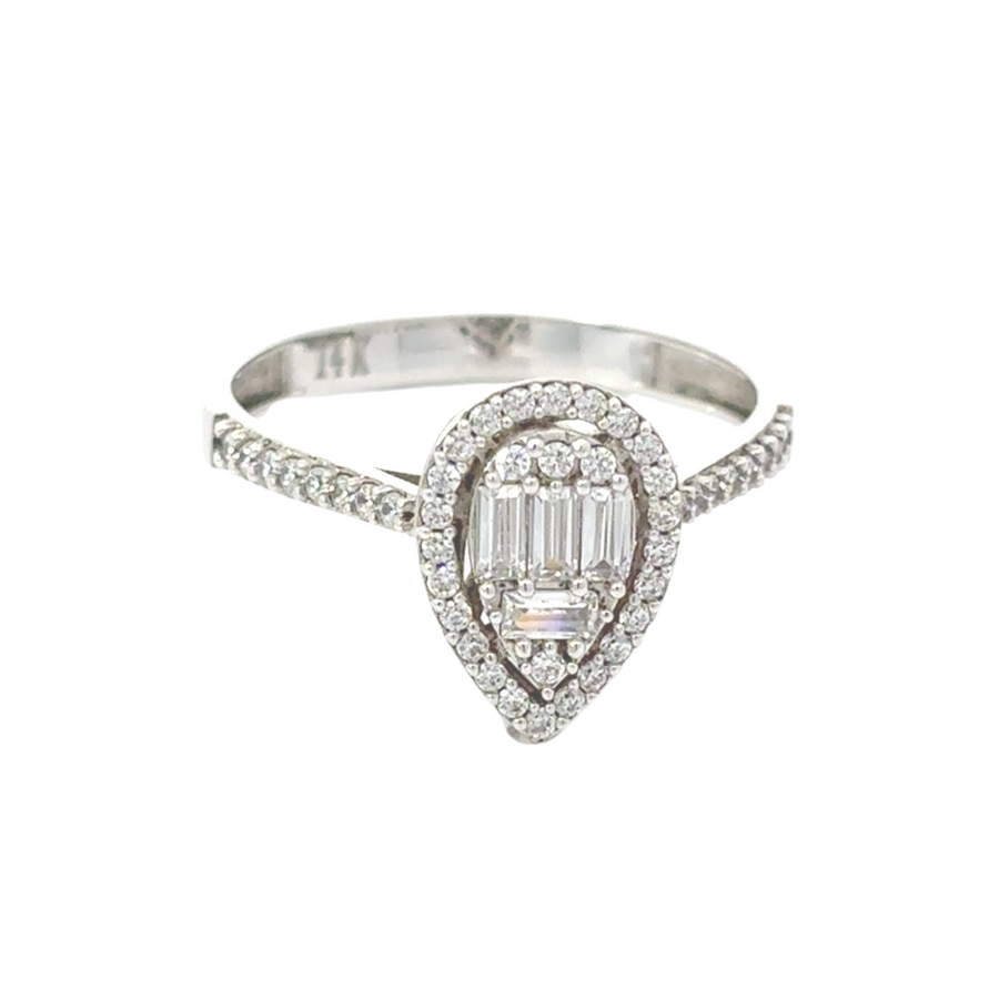 14k white gold ring with drop-shaped CZ stone for women