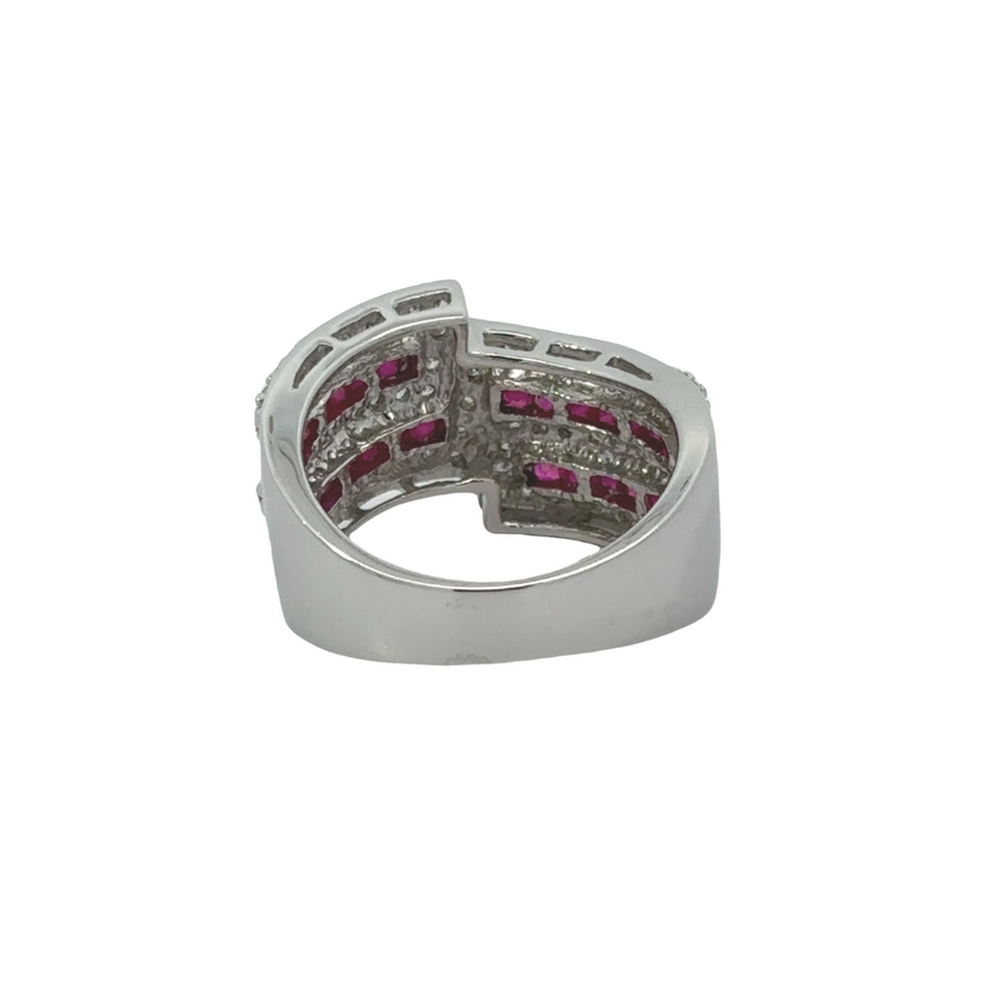 Women’s ruby and diamond ring crafted from 14k white gold