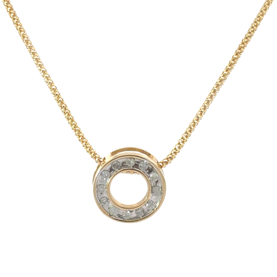 14k yellow gold circle pendant with pavé-set diamonds, symbolizing unity and eternity