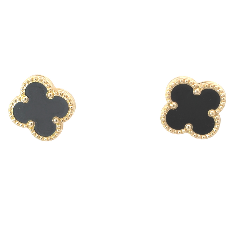 Pair of 14k yellow gold earrings with black accents on white background