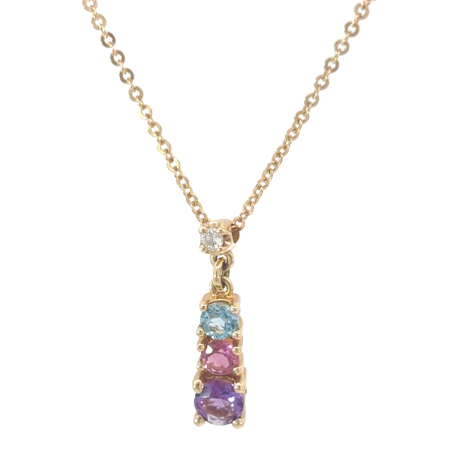 14k yellow gold necklace with three radiant stones – front view