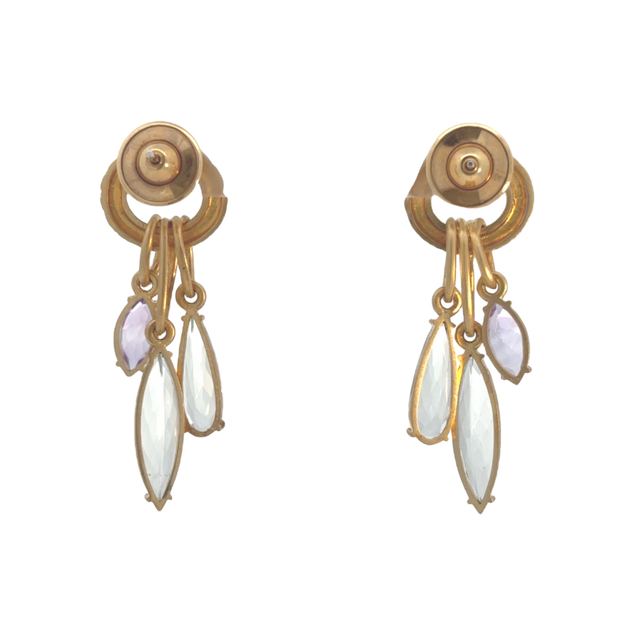 Amethyst earrings in 18K yellow gold displayed on a velvet tray