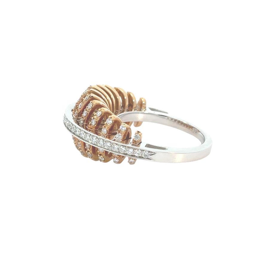 Side view of 18K two-tone gold band with diamond detailing