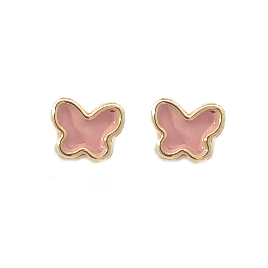 Close-up of delicate 18k gold baby earrings with pink gems