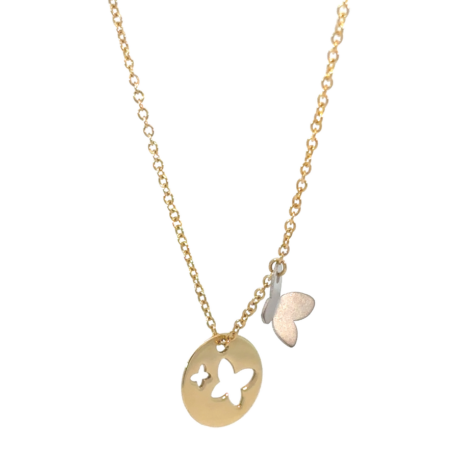 Close-up of 18k gold butterfly necklace with double butterfly pendant