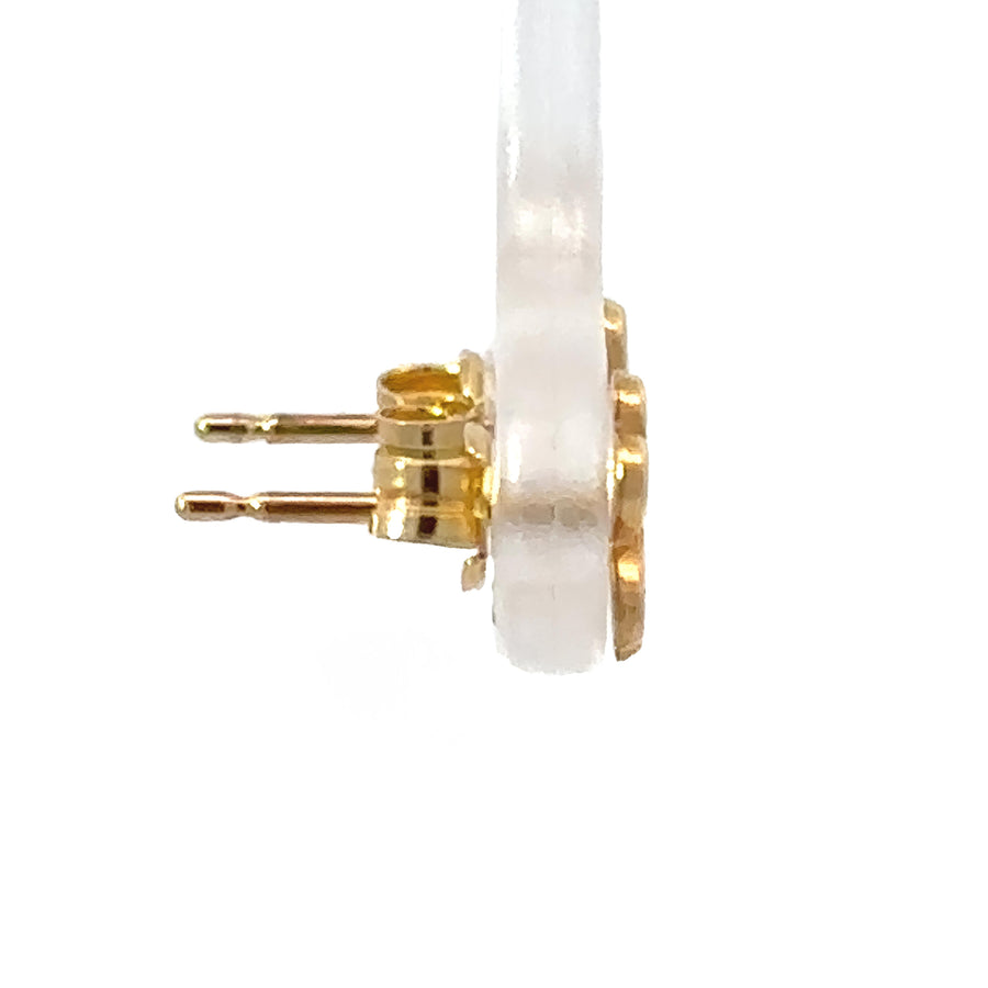Baby wearing simple 18k gold earrings with secure backings