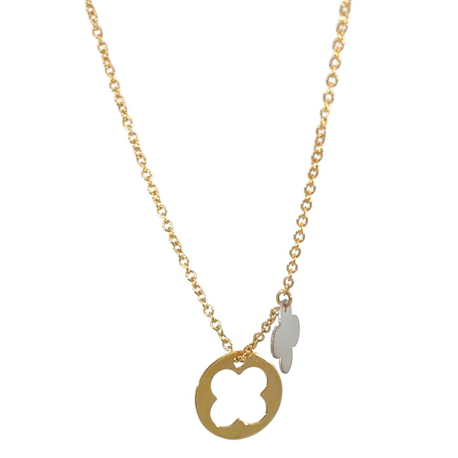 Adjustable 18k gold chain with double flower pendant on white background