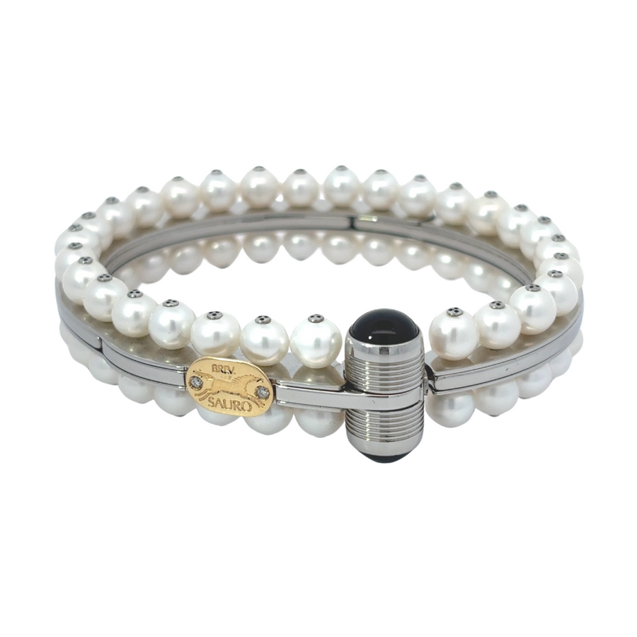18k gold men’s bracelet with pearl accents and diamond on white background