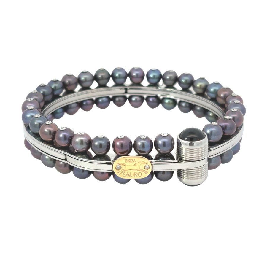 18k gold men’s bracelet with pearl accents and 0.02 CT diamond on white background
