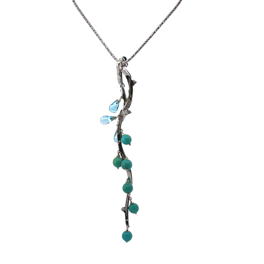18k gold necklace with turquoise, sapphire, and turmer stones
