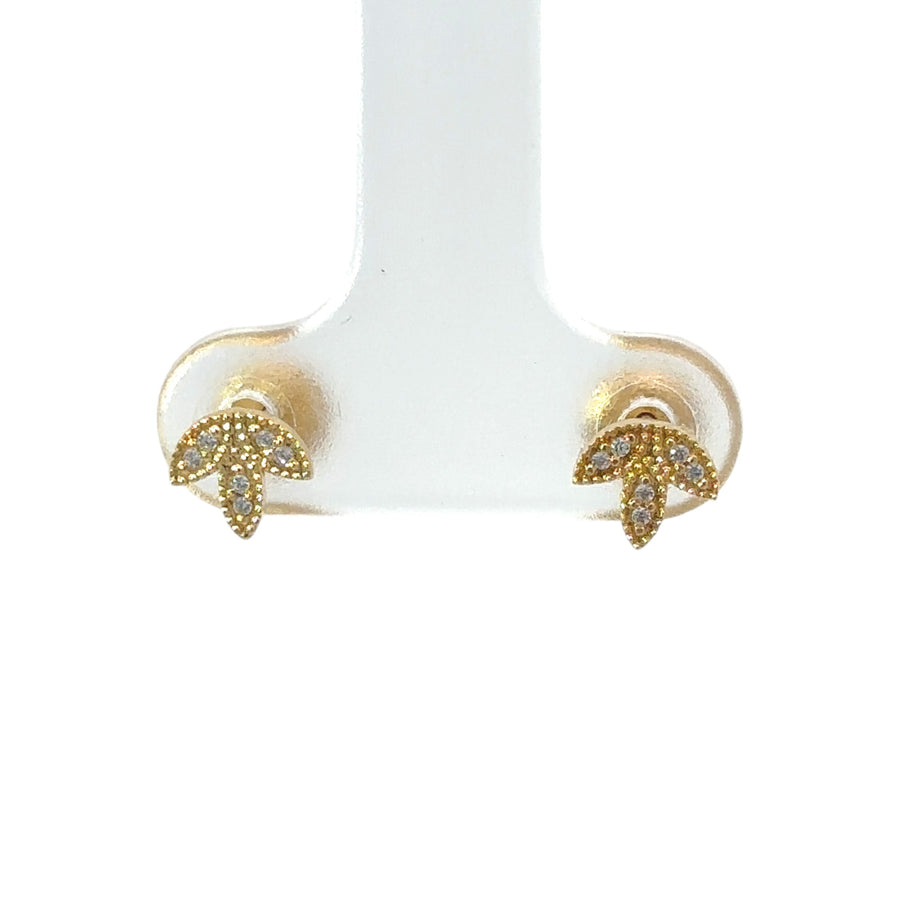 Close-up of delicate 18k gold leaf earrings with CZ accents