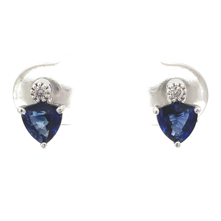 18k gold earrings with vibrant blue stones on white background
