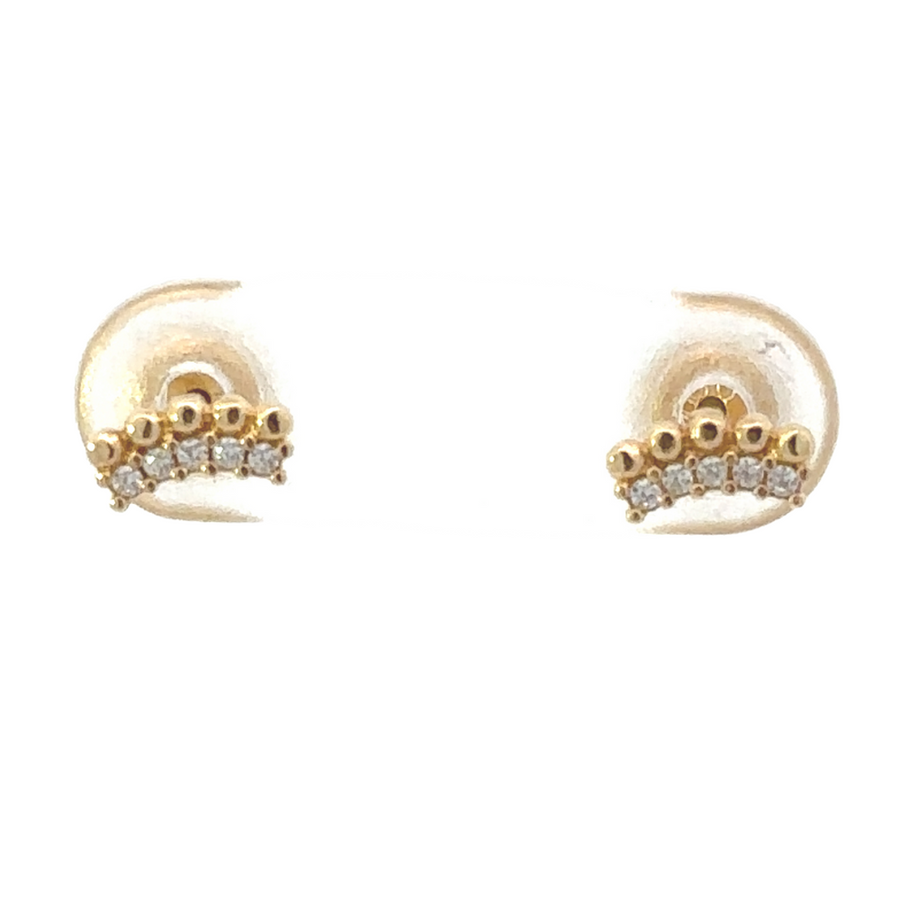 Pair of 18k gold XS crown stud earrings on white background