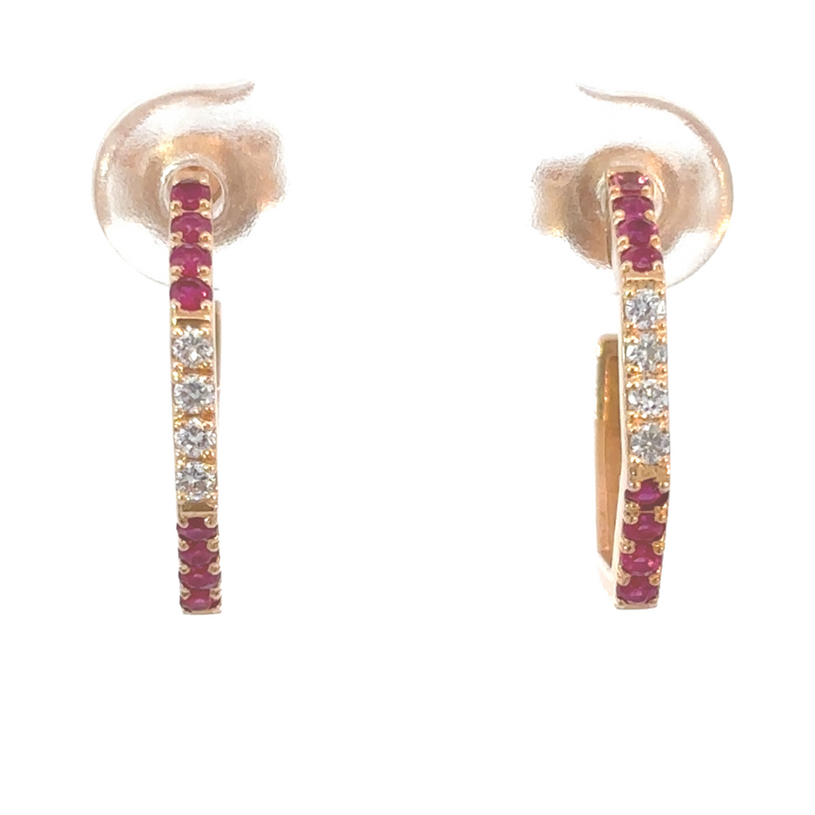 18k rose gold hoop earrings with ruby and diamond accents
