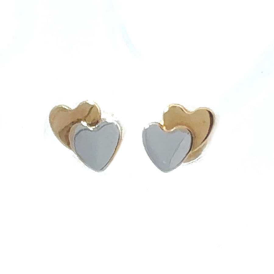 Double heart stud earrings in yellow and white gold for babies