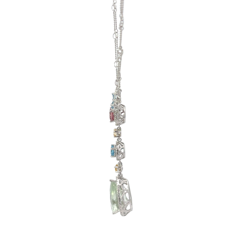 Close-up of white gold necklace with diamonds