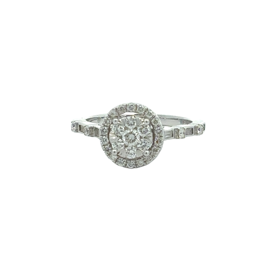 18k white gold ring with brilliant diamonds on white background
