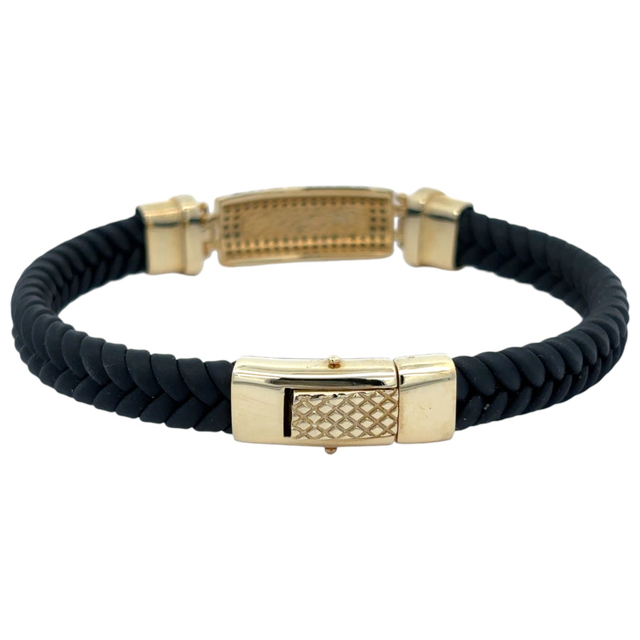 19.5 cm gold and leather bracelet displayed flat on white background