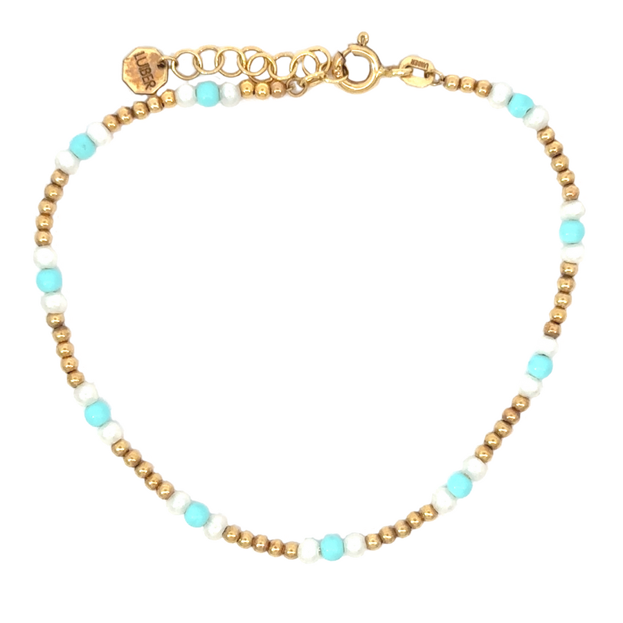 14k Gold Bracelet Fant with Pearl &amp; Turquoise – Adjustable Charm