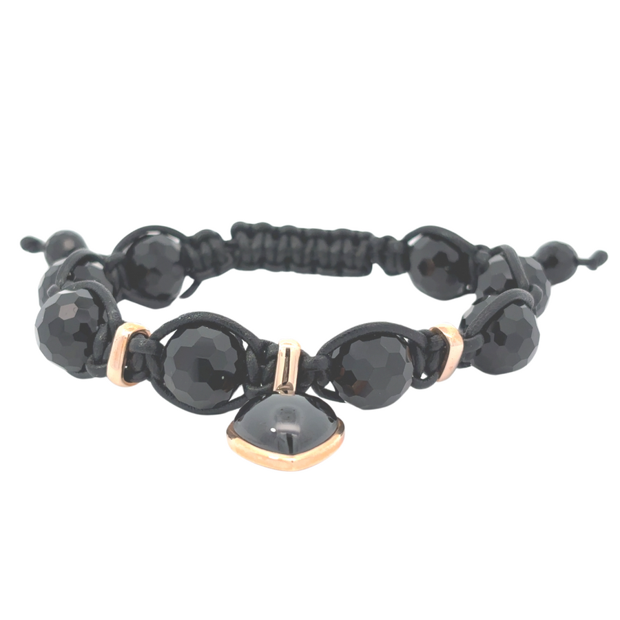 18k Gold Black Bracelet with Aga Black Stone & Heart for Men