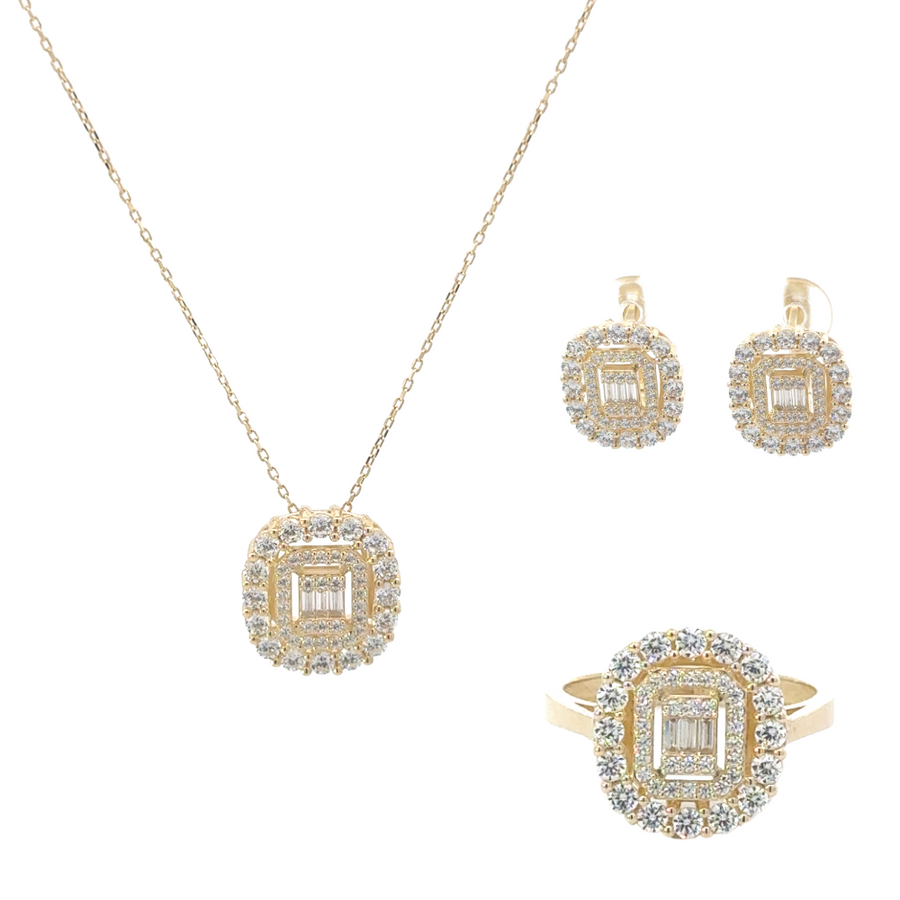 14k Gold Set (Ring, Necklace, Earrings) with Square Pendant