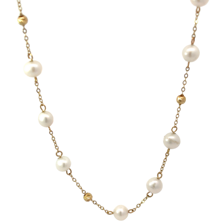 14k Gold Necklace with Pearls and Gold Balls – 27-Inch Elegant Design