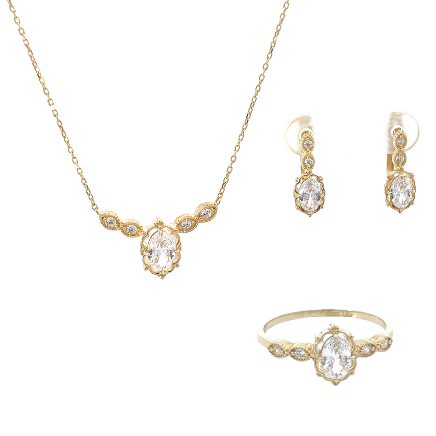 14k Gold Jewelry Set (Ring, Necklace, Earrings) with Oval Center Stone