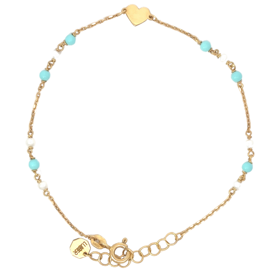 14k Gold Bracelet with XS Pearl, Turquoise, and Mini Heart – Adjustable Women's Jewelry