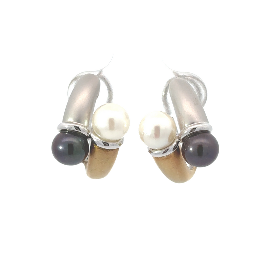 14k Gold Two-Tone Earrings with Black and White Pearls for Women